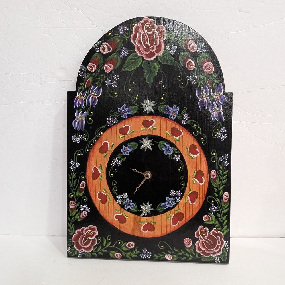 Folk Art Clock Tole Painted Wood Wall Signed Americana Bavarian Floral Hearts